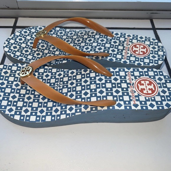 Tory Burch Thong Women's blue White Flip Flop Logo Comfort Sandal Wedge - Picture 2 of 5